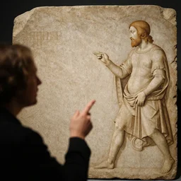 person debating with a stone, renaissance painting, high quality