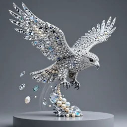 diamonds, pearls, ice crystals, opals and other various gemstones being thrown around in the shape of a hawk by a tornado, museum sculpture, 4k, high quality photograph, award-winning