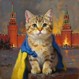 ukrainian battle kitten wins the war, fire in the kremlin by wojciech siudmak, oil on canvas