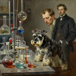 in the styles of Thomas Eakins, Adolph Friedrich Erdmann von Menzel, Vasily Surikov , H.R. Giger. A miniature schnauzer working in dusty old laboratory with flasks and glassware and spilling substances, oil painting, by Greg Rutkowski. Hyper-realism, chemistry, caustics, liquids, acids
