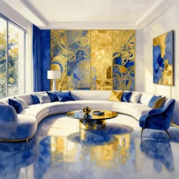 a hiper intricate watercolor of a beauty modern living room, reflexions, intricate details, ultramarin and goldenocre harmony palette smooth, by william turner art, by greg rutowski by edmund dulac, by carl larson