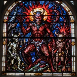 A stunning yet terrifying highly detailed stained glass window depicting awful visions of hell and the devil in the style of Hieronymus Bosch
