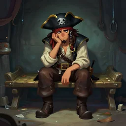 aesthetic full body digital illustration of a sad pirate hanging his head and sitting on a prison cot in the style of arcane : 1 | league of legends, centered, concept art, deviantart : 0. 9