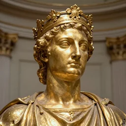 portrait of jeff bezos in the form of a giant greek statue in pure gold, with a gold crown, baroque elements in the background, museum. intricate artwork by michelangelo. photorealistic. ultra detailed. flash. octane render. cinematic. 4 k bokeh.