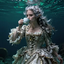 A 18th century, messy, silver haired, (((mad))) elf princess (similar to young Kate Winslet), dressed in a ((ragged)), wedding dress, is ((drinking a cup of tea)). Everything is underwater and floating. Greenish blue tones, theatrical, (((underwater lights))), high contrasts,  fantasyconcept art, inspired by John Everett Millais's Ophelia