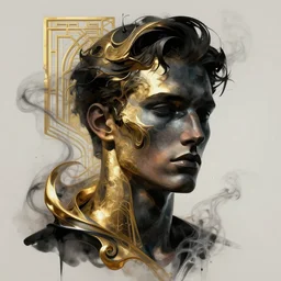 epic concept art. abstract male supermodel face silhouette mixing with black and color liquid fluid. abstract gold sculpture. art deco swirls. smoke simulation, vfx, cinema 4 d, tyflow. masterpiece, michelangelo. concept art, matte painting. greg rutkowski, wlop, victo ngai, kandinski denis villeneuve, 8 k