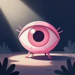 a pink eye with tiny legs, flat design art