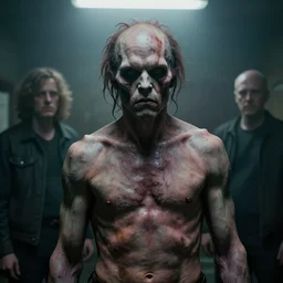 a cinematic portrait of mutant serial killer dressed in human skin, in a backroom, fog storm, annie leibovitz and zack snyder, 8 k, hd, high resolution, 8 5 mm, f / 1. 8