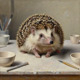 painting of a hedgehog on a table in a ceramic workshop, surrounded by ceramicists tools and unfinished bowls, oil painting, northern renaissance art, oil on canvas, wet - on - wet technique, realistic, expressive emotions, intricate textures, illusionistic detail