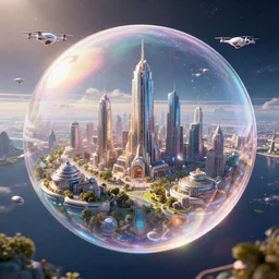 A bubble floating in space containing a vibrant futuristic technologically advanced utopian city with drones, the beautiful landscape is backlit by sunlight. Cinematic, Award winning, ultra high resolution, intricate details, UHD 8K