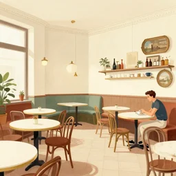 editorial illustration interior of a retro cafe, roger broders, hein schulz neudamm, ( ( giuseppe riccobaldi ) ), volumetric, dynamic pose, detailed, matte print, muted color, dramatic lighting, ( ( risograph ) ), halftone texture