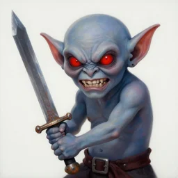 painting of goblin with red eyes raging holding rusty sword