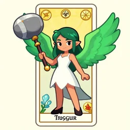 a cartoon girl with green wings holding a mace, concept art by muggur, white dress, artstation contest winner, fantasy art, concept art, 2 d game art, tarot card