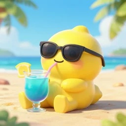 very very very octane render of a cute happy chibi yellow!!!!! lemon!!!!! head!!!!! with no body sipping on a delicous caribbean drink wearing sunglasses laying on the beach