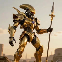 Ornate golden armored alien cyborg with multiple eyes prepares for battle with a long spear made of gold, golden hour