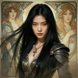 stencil, a stunning portrait of an asian valkyrie with long black hair by artgerm, dynamic lighting, ray tracing, tom bagshaw, alphonse mucha, donata giancola, mary jane ansell, ankh necklace, atmosphere, realism, octane render, dof, hyperdetailed, 8 k