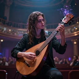 futuristic cyberpunk bard playing a lute with magic hands inside a concert hall photorealistic surrealism style