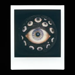polaroid of a black stone full of human eyes, photorealistic 8 k