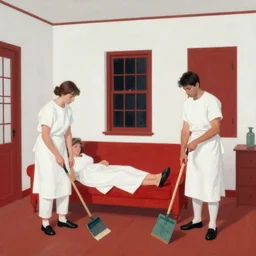 two servants cleaning while their madame lounges nearby, French household, white and red, Balthus