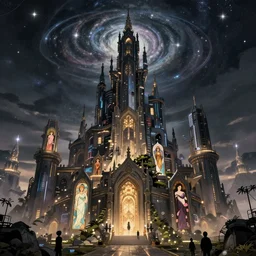 a beautiful fantasy artwork of a celestial cyberpunk castle, ultrawide shot, art by li shuxing, beeple, ayami kojima, cedric peyravernay, finnian macmanus, alphonse mucha, victo ngai, greg rutkowski, concept art