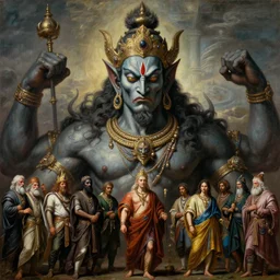 a beautiful cinematic masterpiece gothic headshot portrait of majestic colossal hindu asura demon god ravan from ramayan, by tim hildebrandt, by anders zorn, by sandro botticelli, by caravaggio, by wayne barlowe, by bruce pennington, by greg rutkowski, oil on canvas, trending on artstation, brilliant diffused studio lighting, sharp, hyper - detailed, cinematic composition, no frames, hd, 8 k
