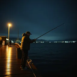 ryan reynolds fishing from a pier in vancouver, in a film by fritz lang
