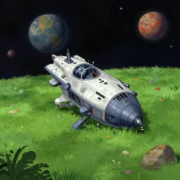 a spaceship that has crashed on an grass covered alien planet, from a space themed point and click 2 d graphic adventure game, art inspired by thomas kinkade