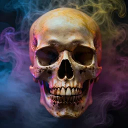 close up photography of a hyperrealistic skull emerging from colorized smoke, colorful and saturated smoke everywhere, the camera is slightly higher than the skull, front shot, skull, fog, smoke, mysterious, dark, dramatic lighting, close up, macro, clear, scary, dark art