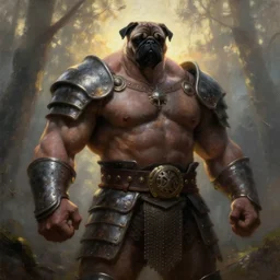 oil painting portrait , backlight epic pose muscular dark powerlifter mutant oversized pug is wearing bloody medieval armor , moody forest foggy background and sunset backlight by greg rutkowski