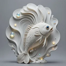 angler fish sculpture, stylised layered shapes, bioluminescent orbs, diffuse lighting, fantasy, intricate, elegant, highly detailed, lifelike, photorealistic, digital painting, artstation, illustration, concept art, smooth, sharp focus, art by h r giger john collier and albert aublet and krenz cushart and artem demura