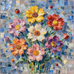 flower composition, impressionist mosaic, colorful, happy accidents, bright and fresh
