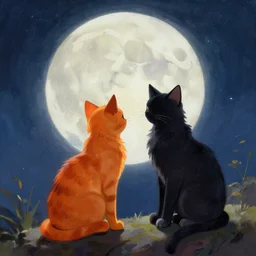 Firestar and Ravenpaw sitting next to each other looking into the Moon, Warrior cats, Erin Hunter, illustration of 2 cats, trending on artstation, Paintings