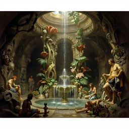 asimov ancient underground dungeon flora fauna fountain by syd mead, frank frazetta, ken kelly, simon bisley, richard corben, william - adolphe bouguereau