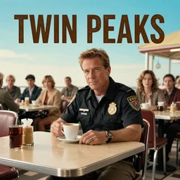 kyle maclachlan as dale cooper in twin peaks, fbi agent with coffee in a diner, by atey ghailan, by greg rutkowski, by greg tocchini, by james gilleard, by joe fenton, by kaethe butcher, by ive freya, by ashley wood, dynamic lighting, gradient light blue, brown, blonde cream and white color scheme, grunge aesthetic
