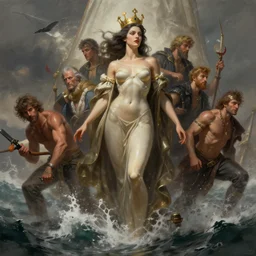 the queen of all the seas, fantastical, turbulent, highly detailed, ifbb female figure body, digital painting, artstation, concept art, smooth, sharp focus, illustration, unreal engine 5, 8 k, art by stanley artgerm lau, wlop, rossdraws, frank frazetta, andrei riabovitchev, marc simonetti, and alphonse mucha and edgar maxence treanding on artstation