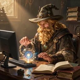 A blond bearded D&D wizard in a wide brimmed hat using magical computer equipment at a desk cluttered with tomes, Pathfinder D&D character portrait