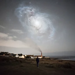a beautiful double exposure of the astronomy picture of the day, nebula, with a person in a rural seaside village landscape at night, soft white light, muted, neutral light, light blue tones, chimney smoke, long exposure clouds, anamorphic, cinestill cinematography