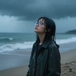 A young girl with glasses in a rainy beach looking to the sky, she is wearing a wet coat, rain storm,sad mood, cinematic lighting, dramatic atmosphere, by Dustin Nguyen, Akihiko Yoshida, Greg Tocchini, Greg Rutkowski, Cliff Chiang, 4k resolution, trending on artstation