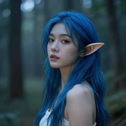 beautiful young Asian elf woman with elf ears and blue hair in a hazy forest at dusk, by Pierre Puvis de Chavannes