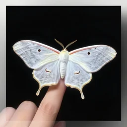 errie dreamlike digital art painting of a beautiful white moth on a finger in empty black space, cgsociety, artstation, steampunk