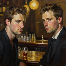 contemporary oil matte portrait painting, meeting in a bar, detailed faces, wonderful masterpiece highly detailed, beautiful cinematic light deep focus, elegant, smooth, sharp focus, golden ratio, dramatic illumination, ultra realistic, 8 k, art by nathan walsh and jimmy law