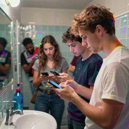 a beautiful glitched picture by joram roukes of people looking at their phone in a bathroom, color bleeding, brushstrokes by jeremy mann