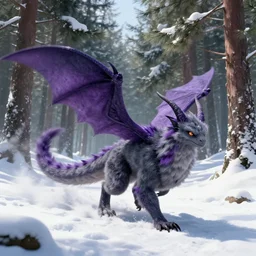 realistic moth dragon, furry, long tail and antennae, grey and purple color scheme, in a snowy pine forest, dynamic shadows, dynamic colors, trending on artstation, in the style of enki bilal