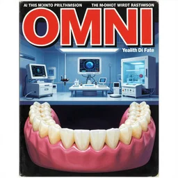 1979 OMNI Magazine Cover of a denture laboratory. in cyberpunk style by Vincent Di Fate