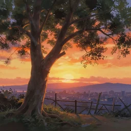 dramatic sunset backlight ash tree, broken fence, city panorama far away, gouache matte painting by pixar studio makoto shinkai