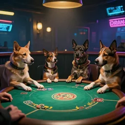 cyberpunk dogs playing poker in a gritty cyberpunk bar