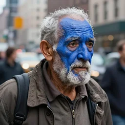an old man with a blue face walking in new york city, real photo, close - up, highly detailed, digital painting, sharp focus