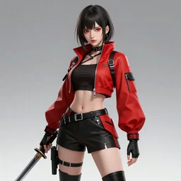 a girl in a red and black outfit with a sword, cyberpunk art by ross tran, trending on pixiv, fantasy art, anime, artstation hd, ilya kuvshinov
