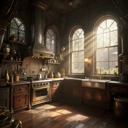 steampunk kitchen, liminal space, high detail, rendered in unreal engine, 3d render, god rays, volumetric lighting, HDR, subsurface scatter, mansion, interior, large windows, rich house