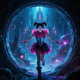 girl emerging from a space portal in cyberspace, in 1 7 6 7, cutecore clowncore, bathed in the the glow, alien castle in background, low - light photograph, in style of tyler mitchell